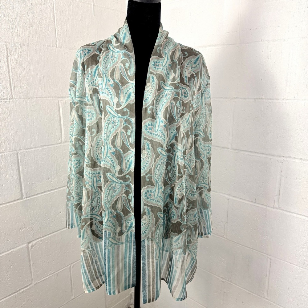 Chicos Kimono Paisley Striped Aqua Sheer Lightweight Layers Fairy Ethereal SZ XL
